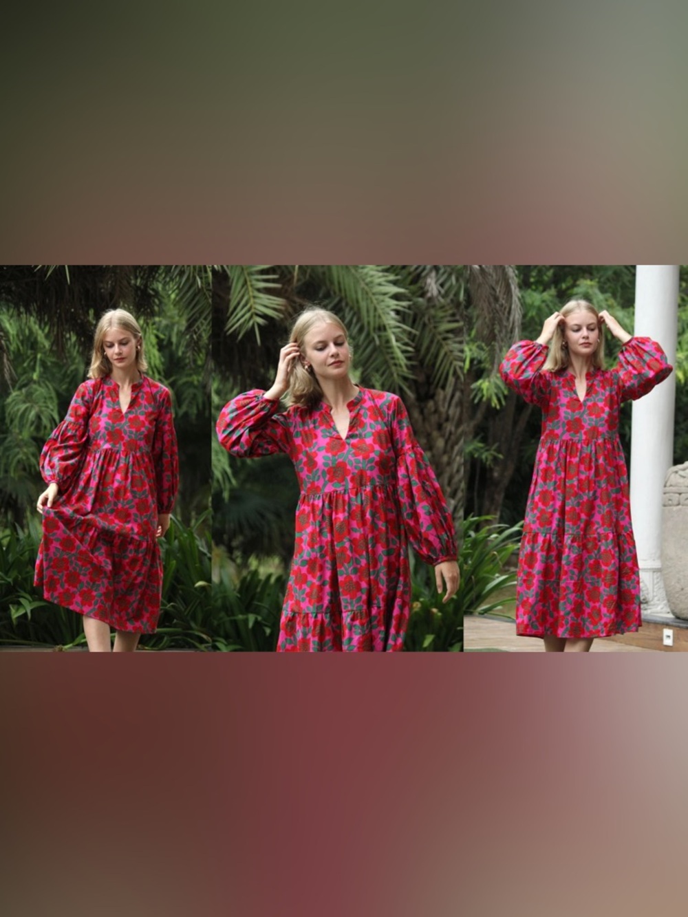 Cyclamen Floral Tiered Maxi Dress in Pink and Red